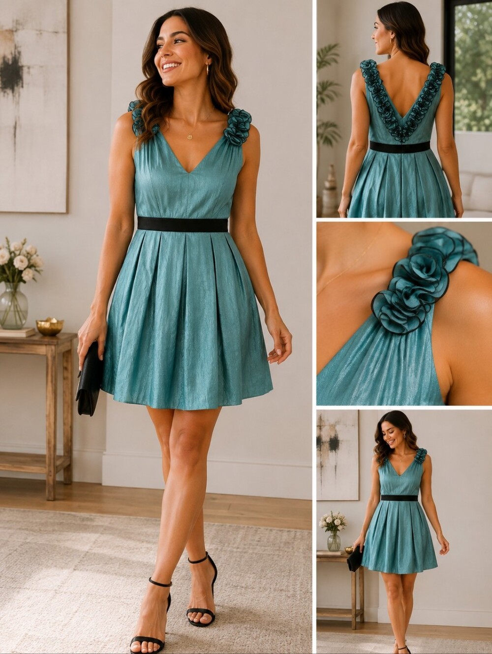 Adrianna Papell evening teal short cocktail dress size 8p